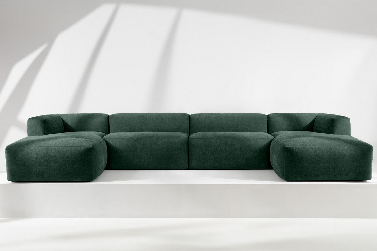 PANORAMA-ECKSOFA BUFFO 7/8 Sitzer mit extrem weicher Sitzfläche, Gewebestoff, maritim - Grün, Textil (424/73/180cm) - KONSIMO®