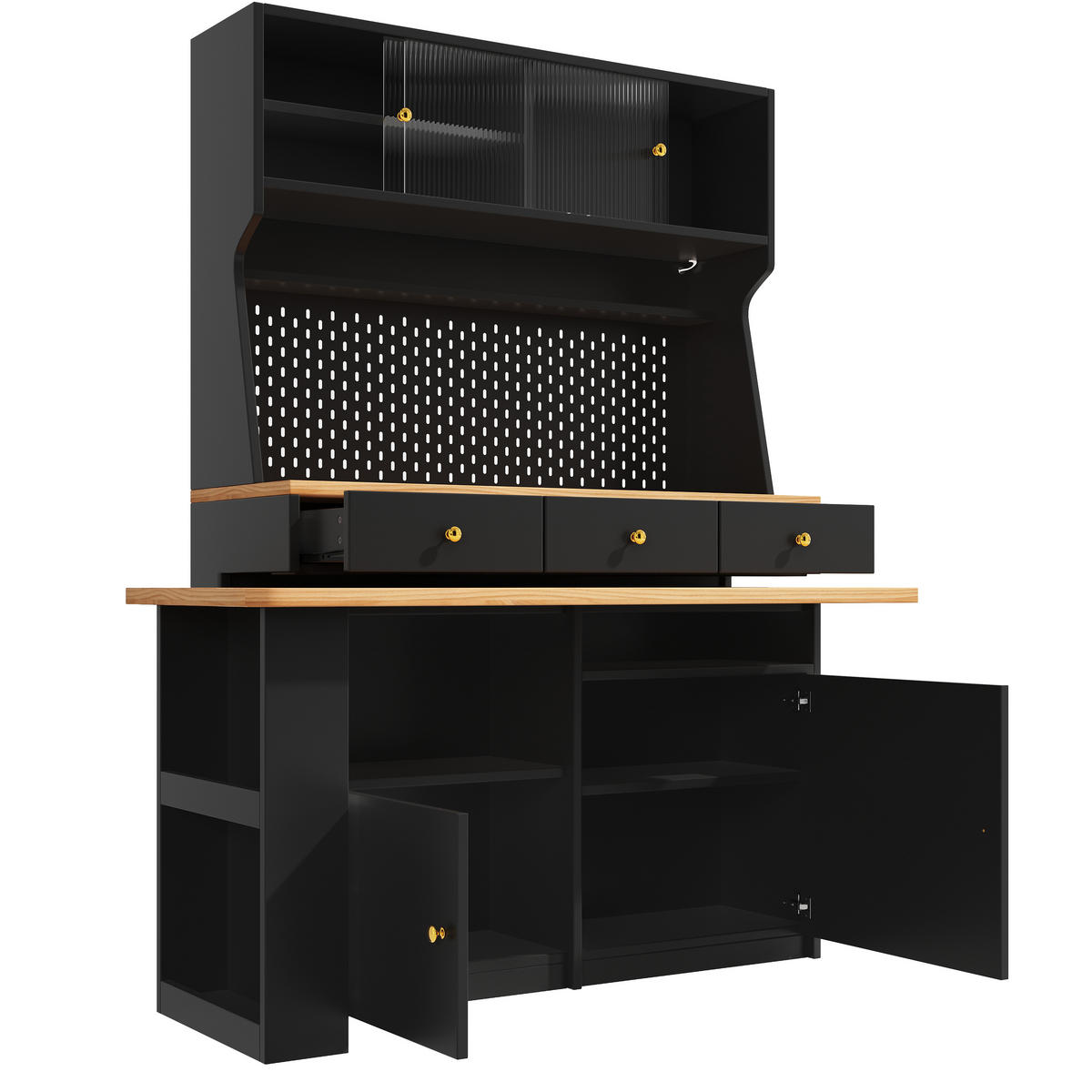 HIGHBOARD DE-38381 137/74/177 cm mit Schreibtisch und LED-Beleuchtung Schwarz - Schwarz, Holzwerkstoff (74/137/177.7cm) - ComfortXL