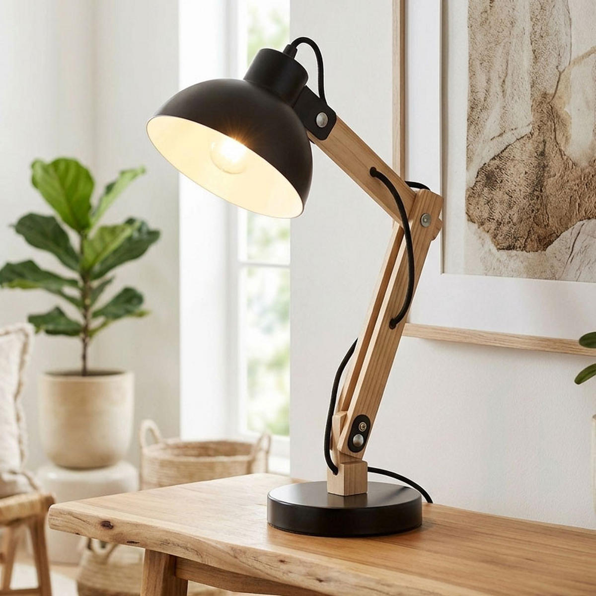 SCHREIBTISCHLEUCHTE Holzoptik Schwarz Metall - Schwarz, Holz (31/16/42.5cm) - Globo Lighting