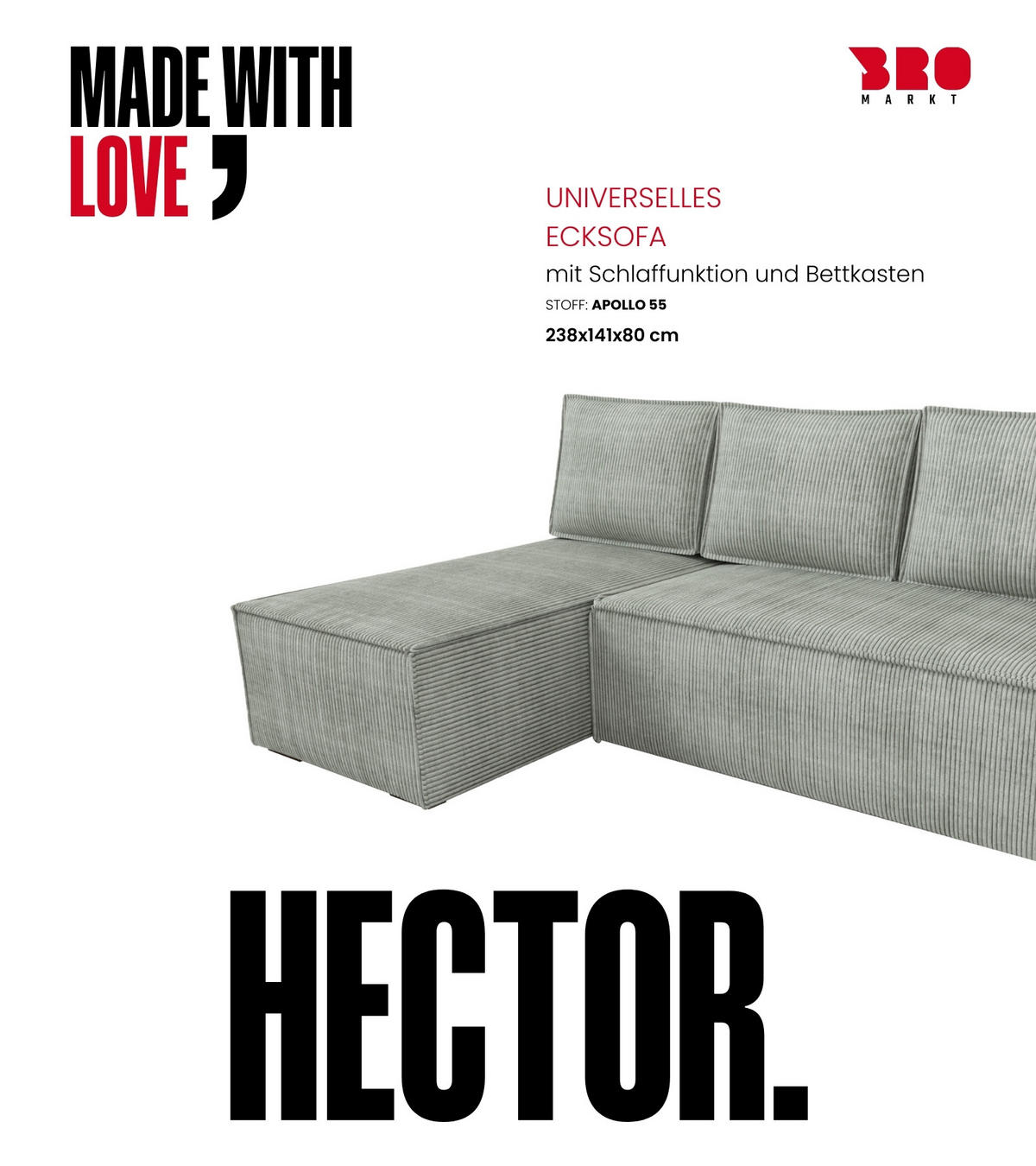 ECKSOFA Hector mit Schlaffunktion Grau Cord - Hellgrau, Textil (200/141cm) - Bromarkt