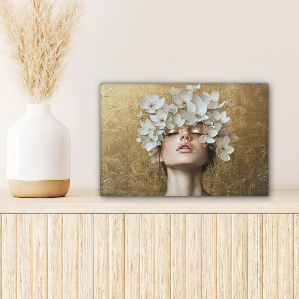 LEINWANDBILD Gesicht - Blumen - Gold - Abstrakt Deko Schlafzimmer 30x20 cm - Goldfarben, Textil (30/20cm) - MuchoWow