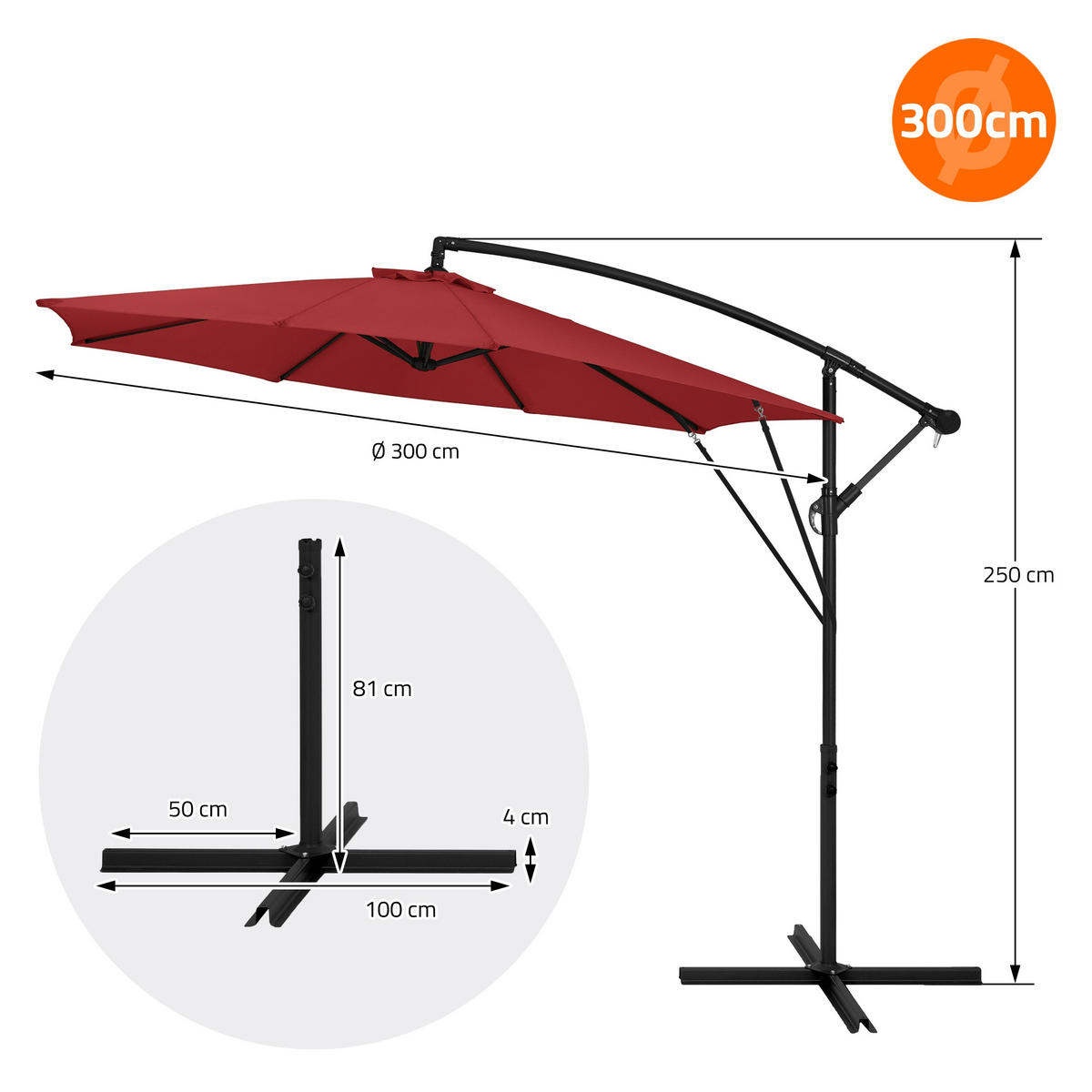 AMPELSCHIRM Ø 300 cm in Rot aus Aluminium - Rot, Metall (300/300cm) - ML-DESIGN