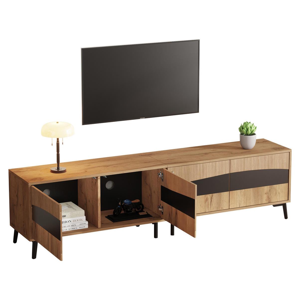 TV-LOWBOARD aus Spanplatte 180x40x50 cm Natur/Schwarz mit 4 Türen und Stauraum - Naturfarben, Holzwerkstoff (180/50/40cm) - IVMEU