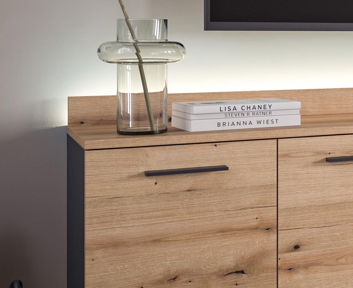 WOHNWAND grau, Evoke Eiche 195 cm, Schrankwand mit Soft-Close - Eichefarben/Schwarz, Holzwerkstoff/Kunststoff (195/196/37cm) - Inn.Furn