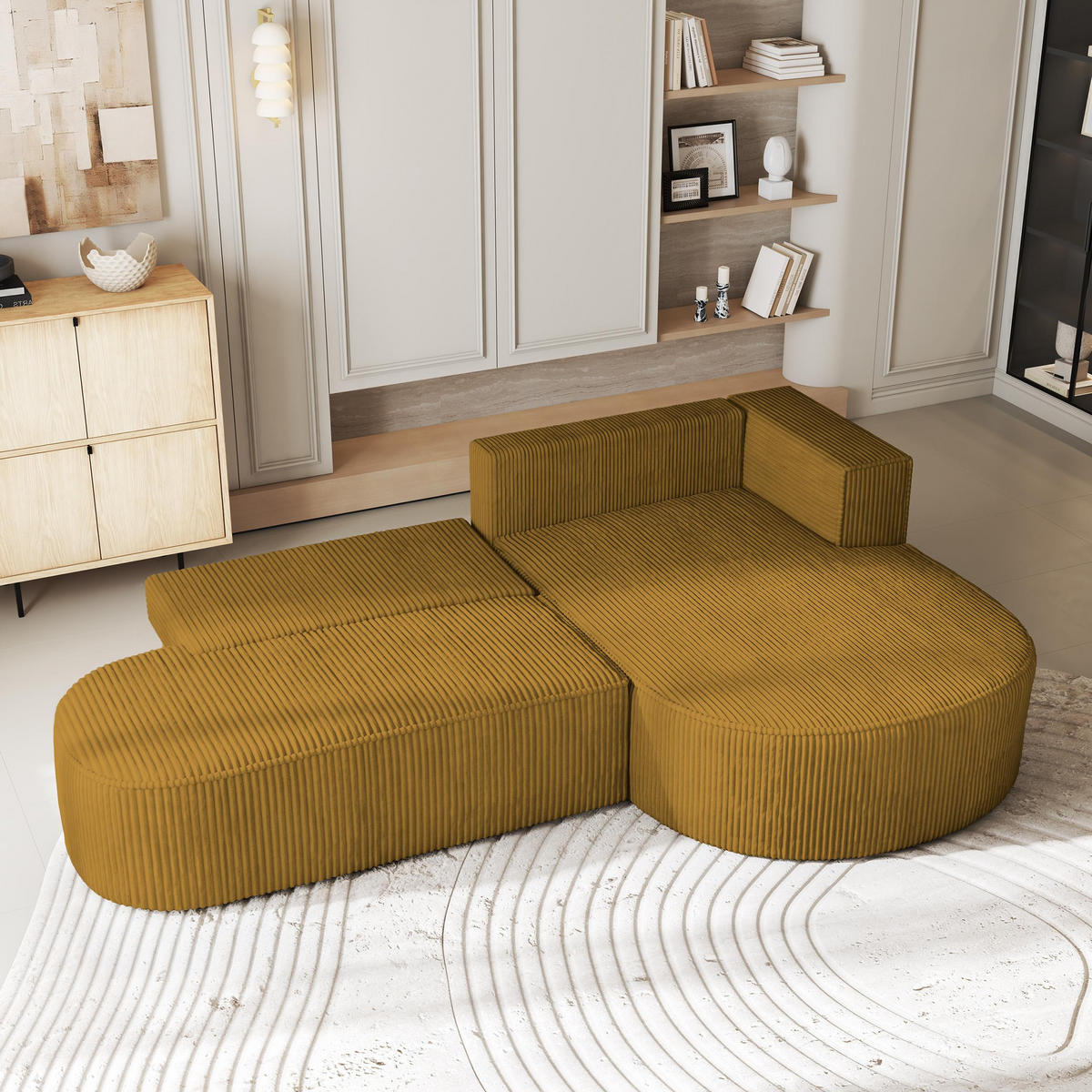 ECKSOFA CORTIO P R-S Gelb Kordstoff mit Schlaffunktion - Gelb, Holz (265/174cm) - MASSENO