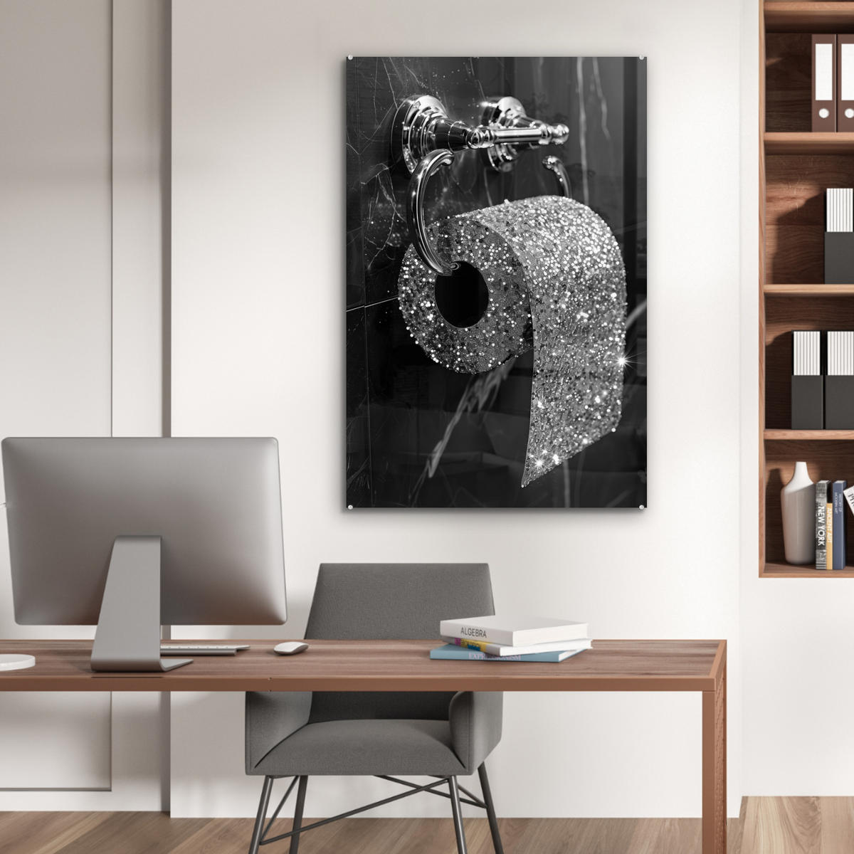 ACRYLGLASBILD WC - Toilettenpapier - Schwarz und weiß - Glitter 60x90 cm - Silberfarben, Glas (60/90cm) - MuchoWow