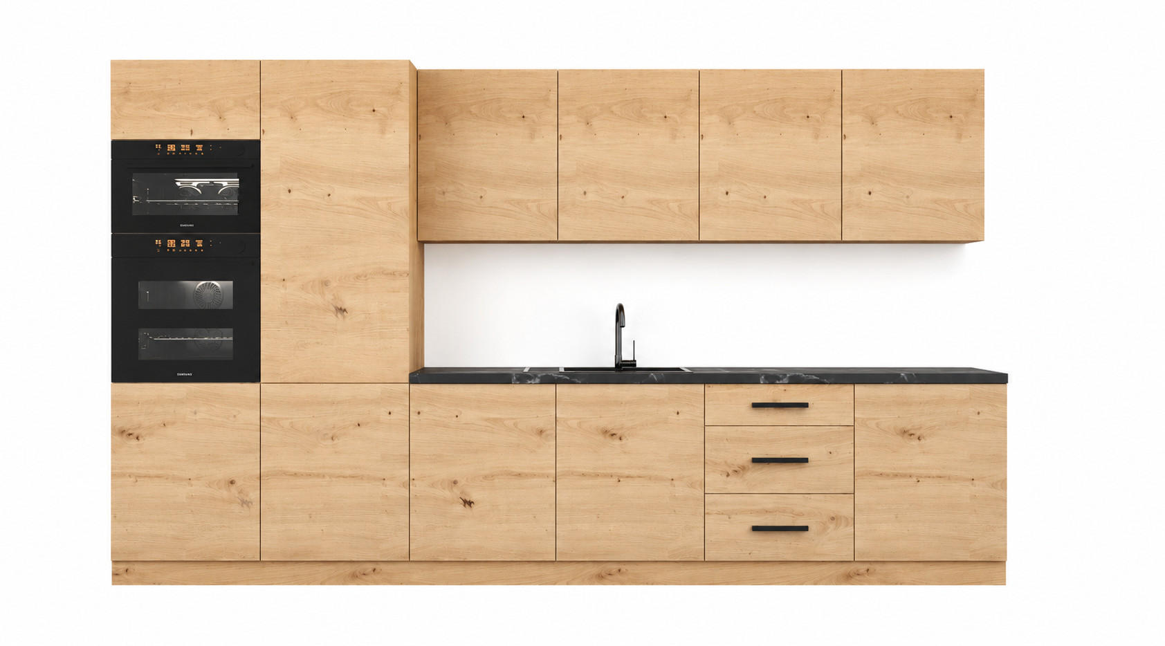 KÜCHENZEILE 360 cm – Nexa K109-G360 – in Woodline / Matt - Schwarz/Eiche Artisan, Holz/Metall (360/212/58cm) - ROYAL24_MARKT