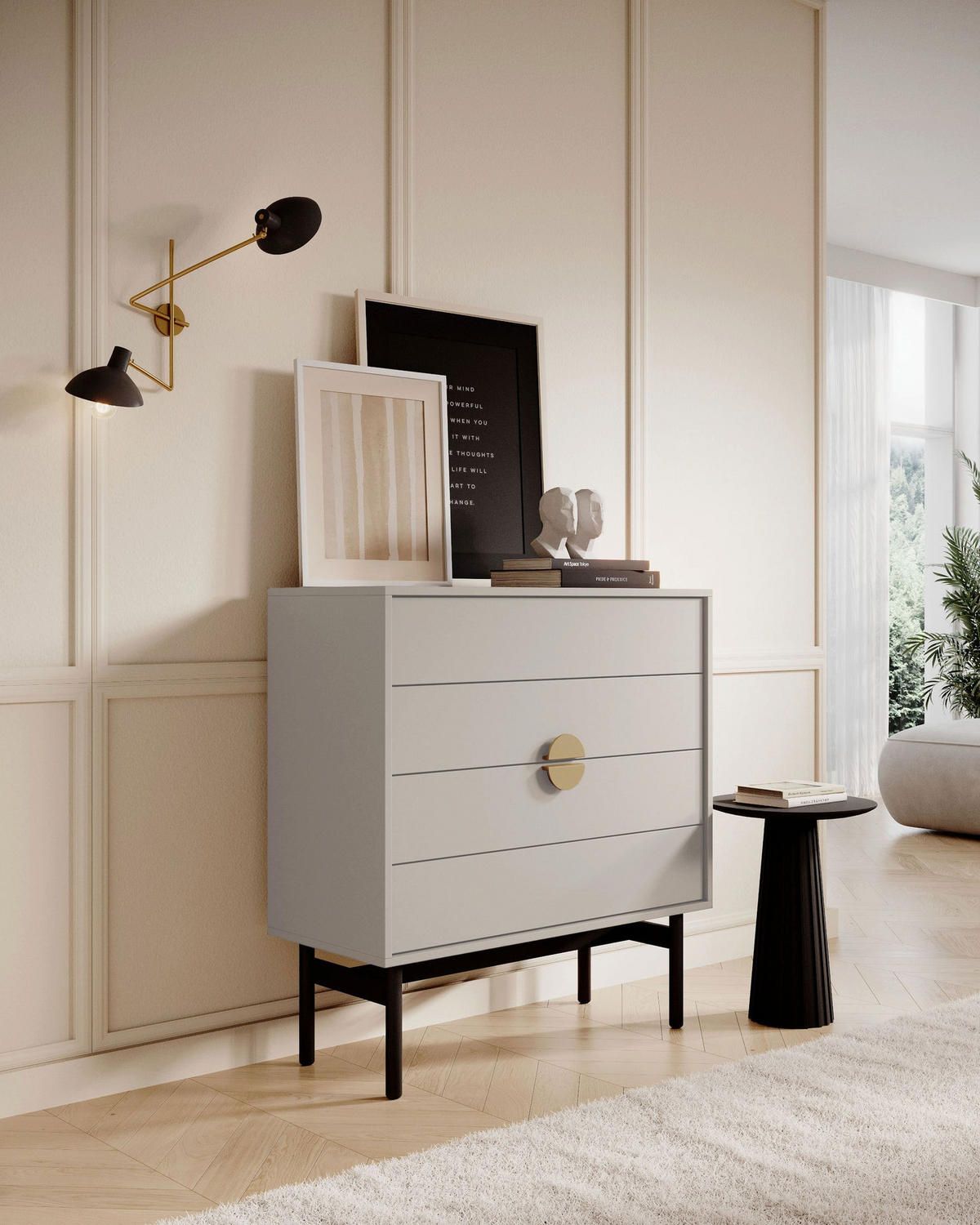 KOMODA Stoon II so 4 zásuvkami 85 cm - čierna/zlatá, kov/kompozitné drevo (85/92/38cm) - Selsey
