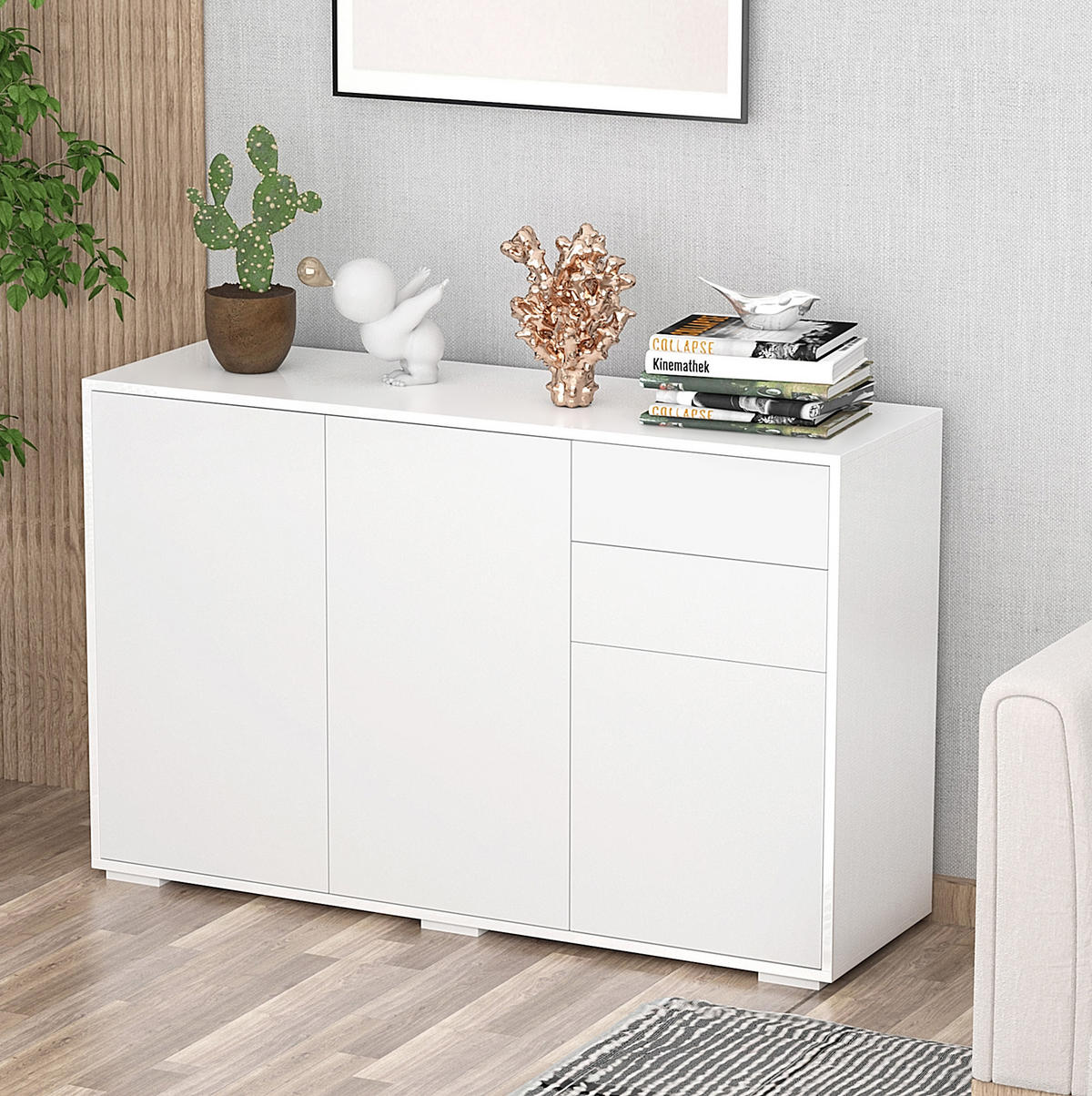 SIDEBOARD 117/36/74 cm weiß aus MDF mit Schubladen und Druckmechanismus - Weiß, Holzwerkstoff (36/74/117cm) - OKWISH