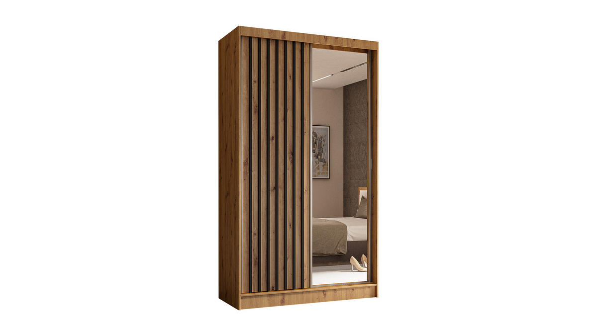 KLEIDERSCHRANK mit Spiegel-Schiebetüren und Aluminium-Leisten - LAMELO - 120 cm Artisan+Artisan+Schwarz - Schwarz/Eiche Artisan, Holzwerkstoff (120/216/61cm) - ALTDECOR