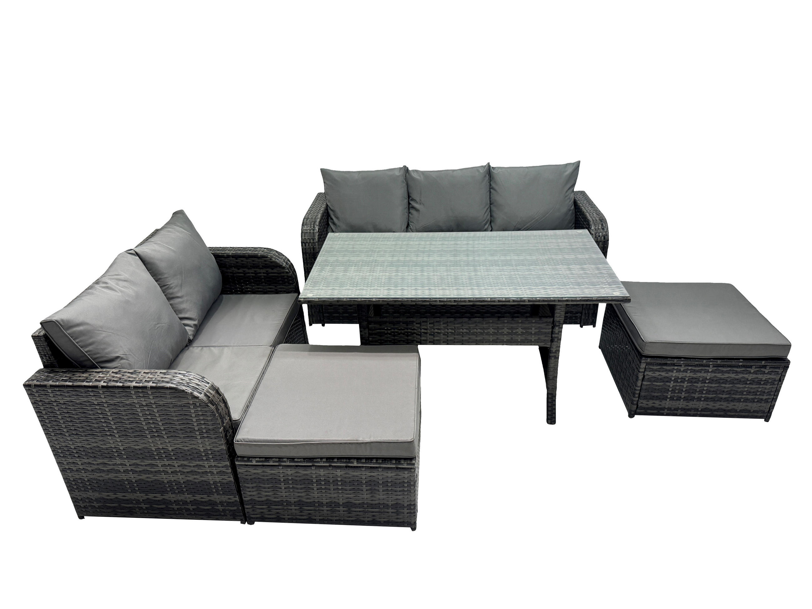 Gartenmöbelset mit Esstisch,Zweisitzer,Hockern Polyrattan Dunkelgrau 7-Sitzer - Dunkelgrau/Grau, Glas/Kunststoff - Fimous