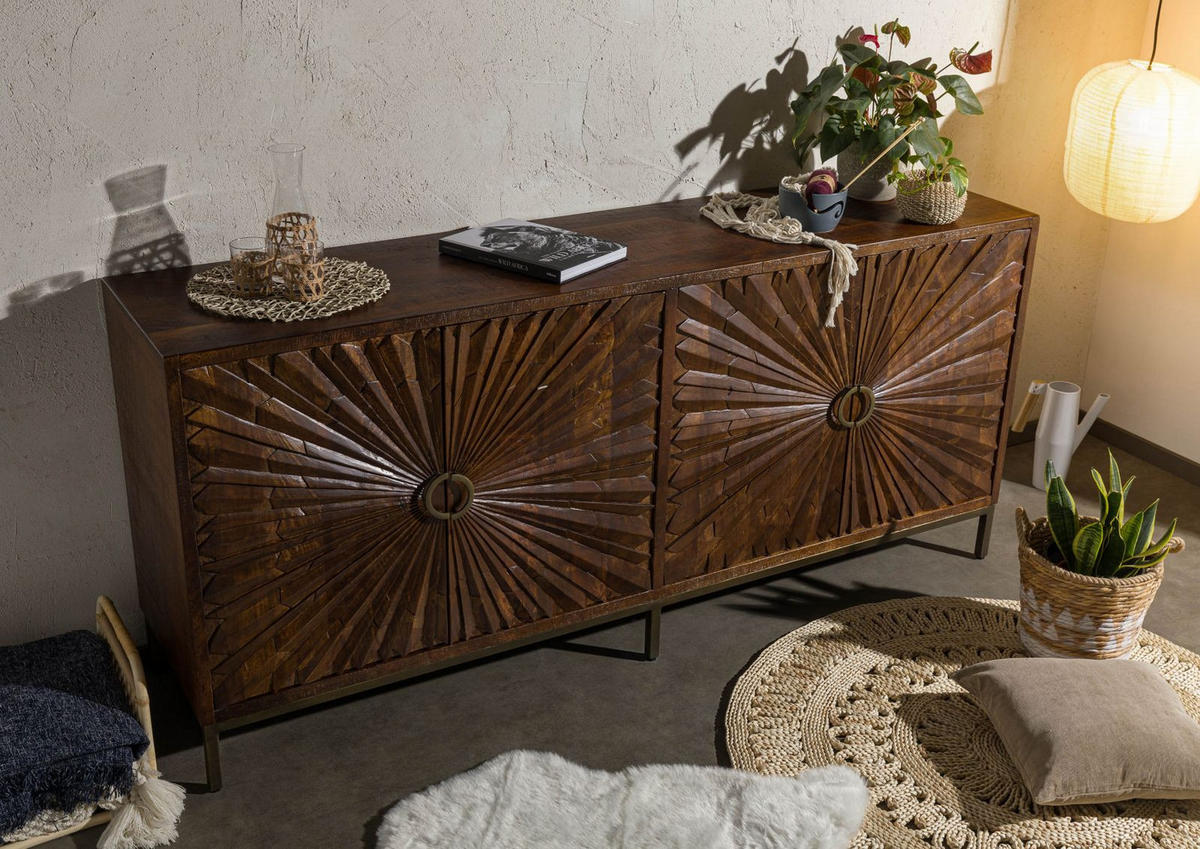 SIDEBOARD Mango 201x48x89 braun lackiert STILMÖBEL #129 - Braun, Holz (201/89/48cm) - Massivmoebel24