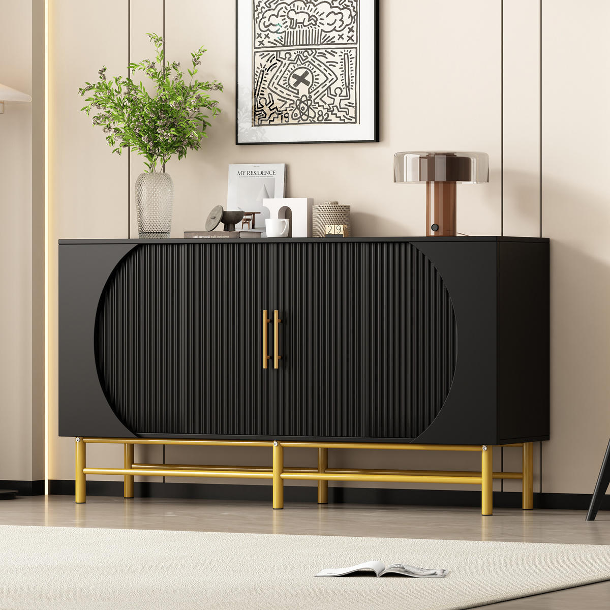 SIDEBOARD mit geriffelten Türen und goldenen Beinen Schwarz - Schwarz, Holzwerkstoff/Metall (40/81.5/145cm) - Urban Meuble
