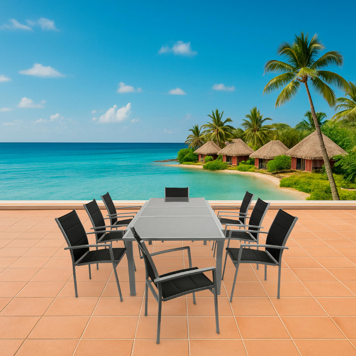 GARTEN-GARNITUR Ashford - 9-teilige Garten-Essgruppe (8x Stapelsessel mit Aluminiumgestell, Bespannung Textillehne schwarz, Ausziehtisch - Schwarz, Metall - TPFGarden