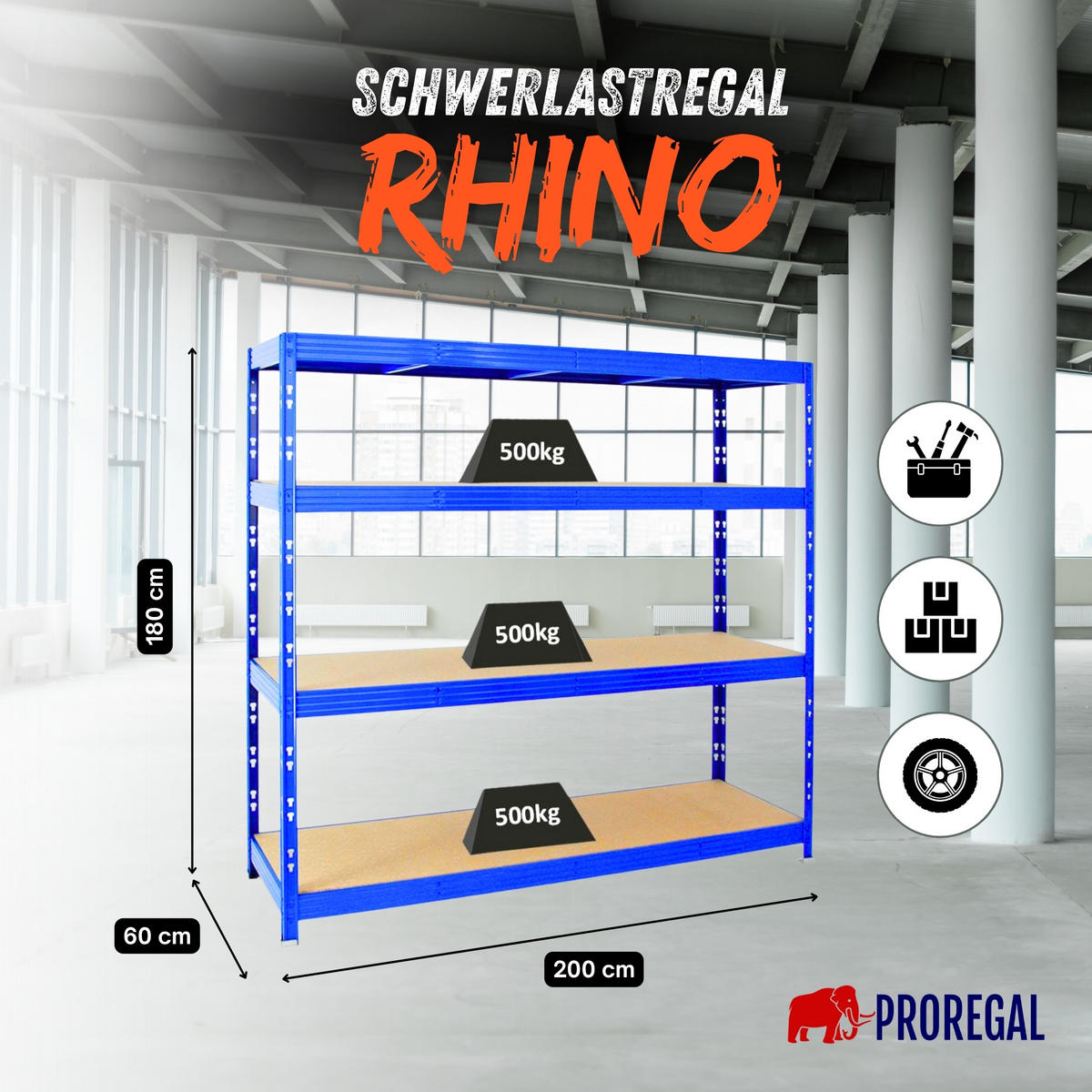 SCHWERLASTREGAL Rhino 180x200x60 cm 4 Spanplatten-Ebenen 16mm Fachlast 500 kg Blau - Blau, Metall (200/180/60cm) - PROREGAL