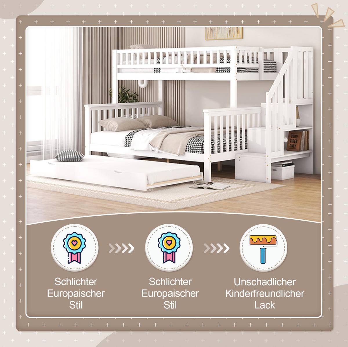ETAGENBETT 90/200 und 140/200 cm Weiß mit Rollbett und Treppe Ohne Matratze - Weiß, Holz (90/200cm) - OKWISH