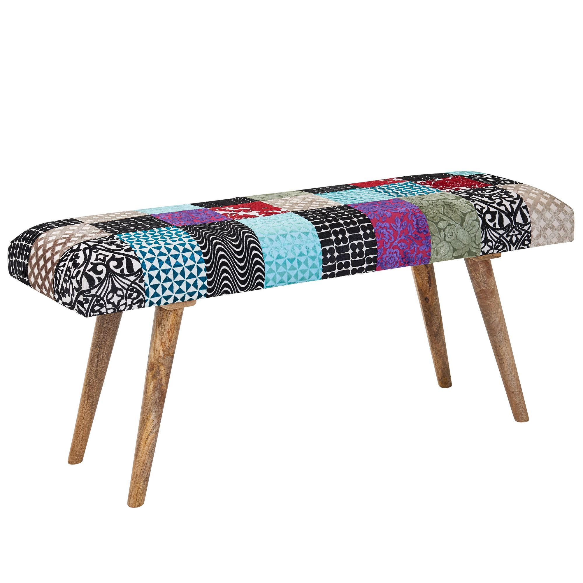 SITZBANK – Patchwork-Stoff, Massivholzbeine - Multicolor/Braun, Mangoholz/Textil (117/51/38cm) - KADIMA DESIGN