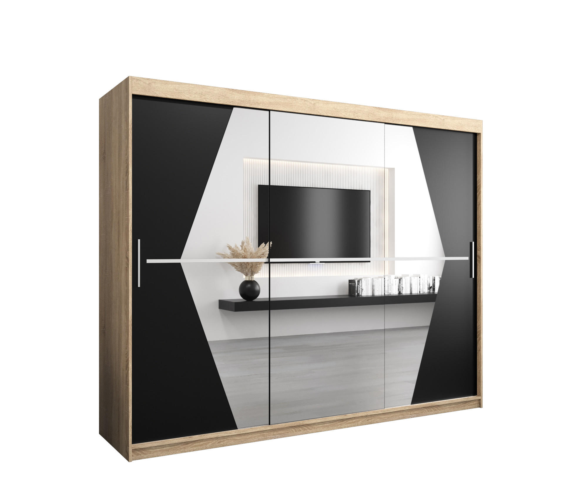 Abiks Möbel Schwebetürenschrank Sonoma Eiche, Schwarz 250x200x62 cm