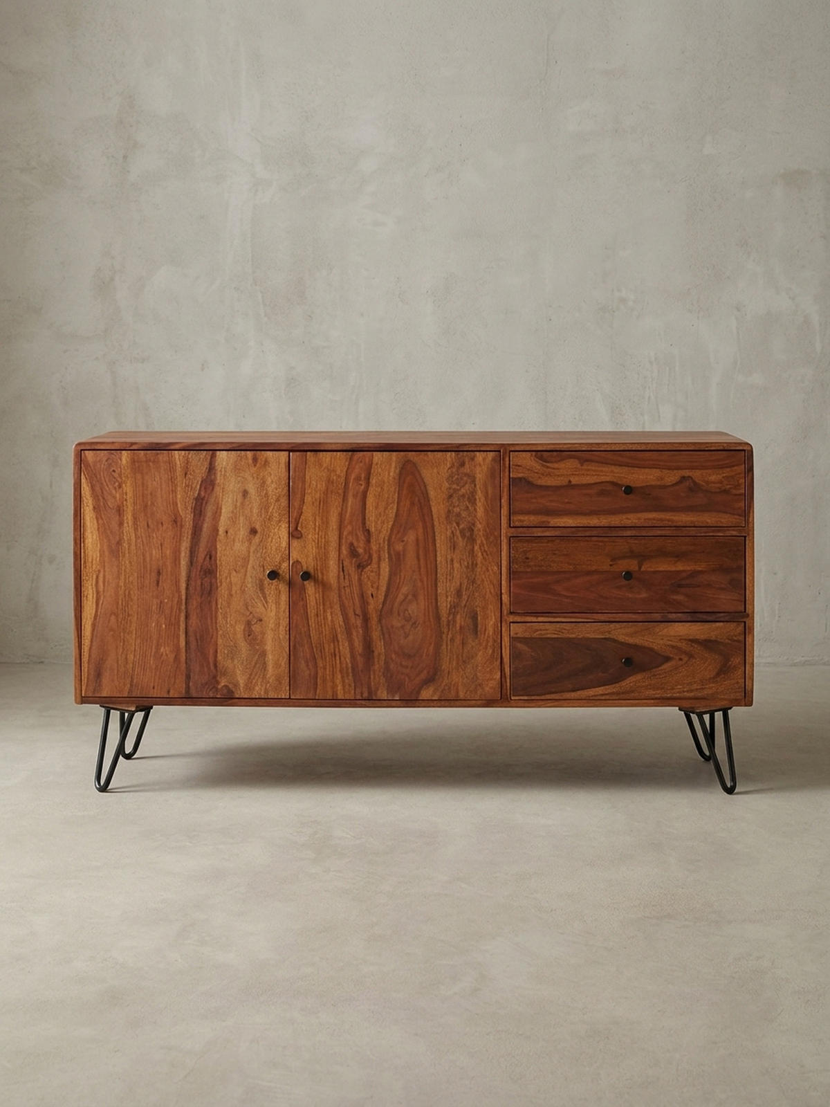 SIDEBOARD – Massivholz, 145x75x40 cm, 3 Schubladen, 2 Türen, Landhausstil, Haarnadelbeine - Schwarz/Braun, Holz/Metall (145/75/40cm) - KADIMA DESIGN
