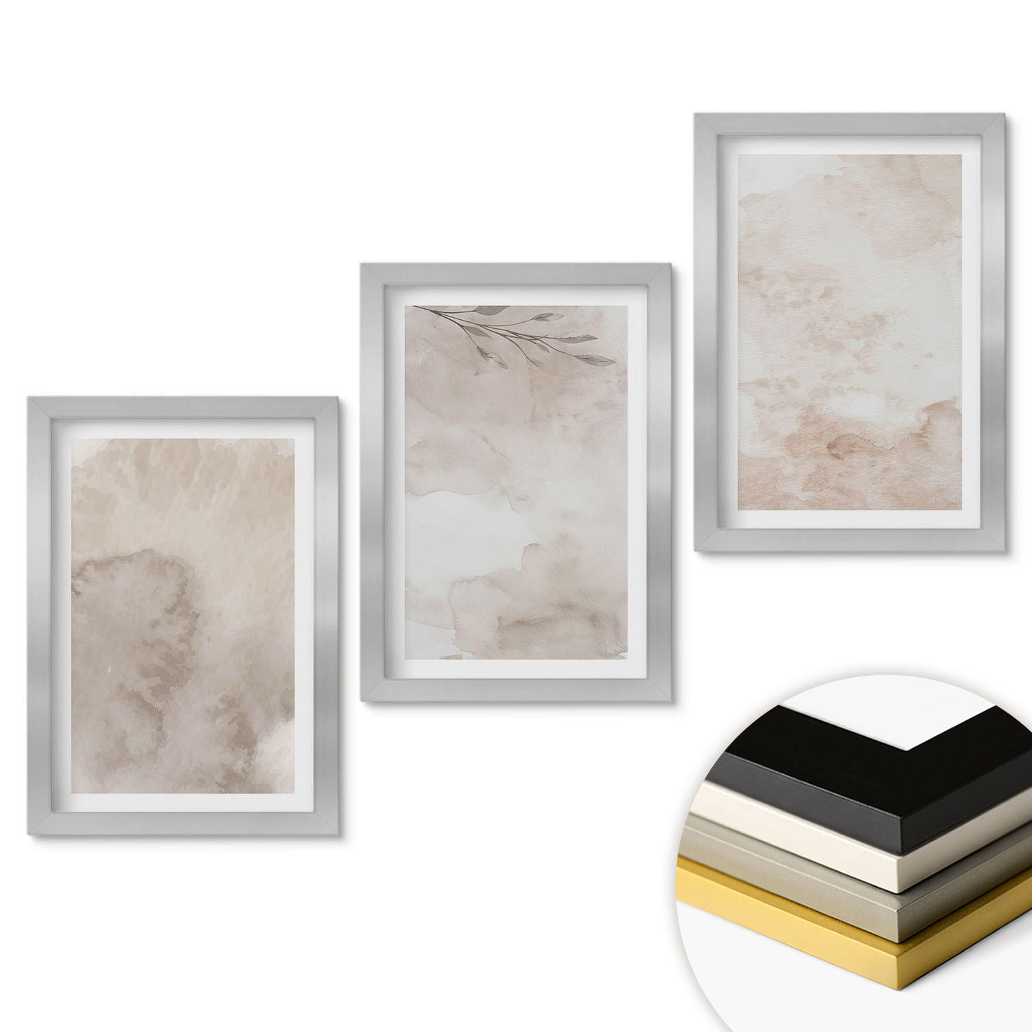 WANDBILDER 3er Set - 20x30 cm Silberner Rahmen - Verschüttete Boho-Aquarellfarben - Silberfarben, Kunststoff (20/30cm) - ArtPrintCave