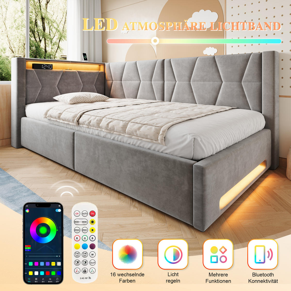 BOXBETT 90/200cm, LED/USB-C, Bettkasten, Lattenrost, Dunkelgrau - Dunkelgrau, Holz/Metall (90/200cm) - LVHOM