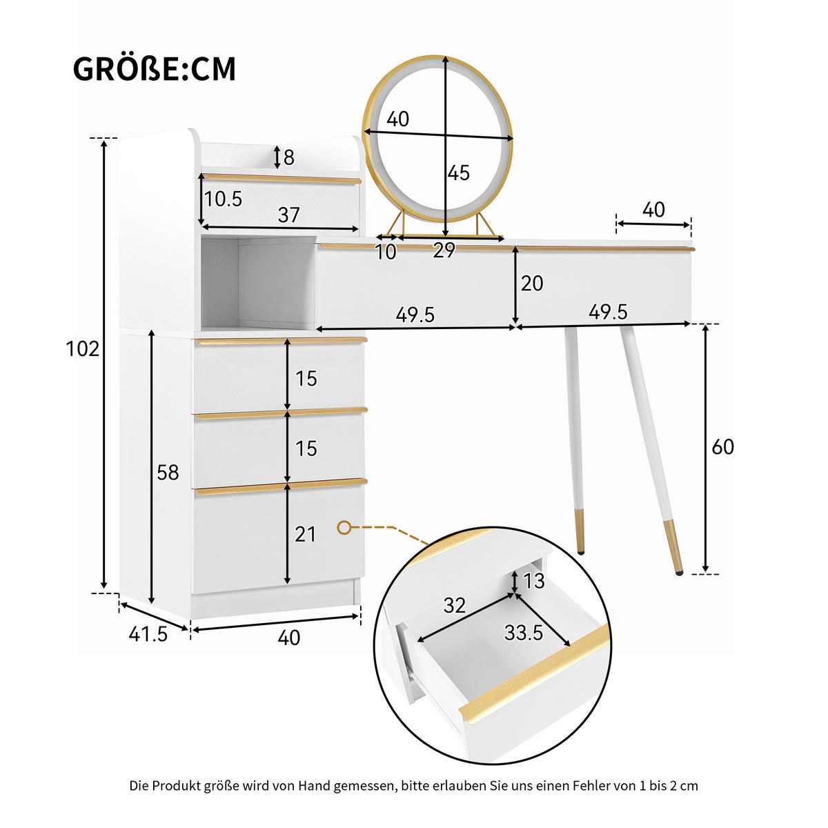 SCHMINKTISCH mit LED-Spiegel, 6 Schubladen & großem Stauraum - Weiß, Holzwerkstoff/Metall (100/102/41.5cm) - Urban Meuble