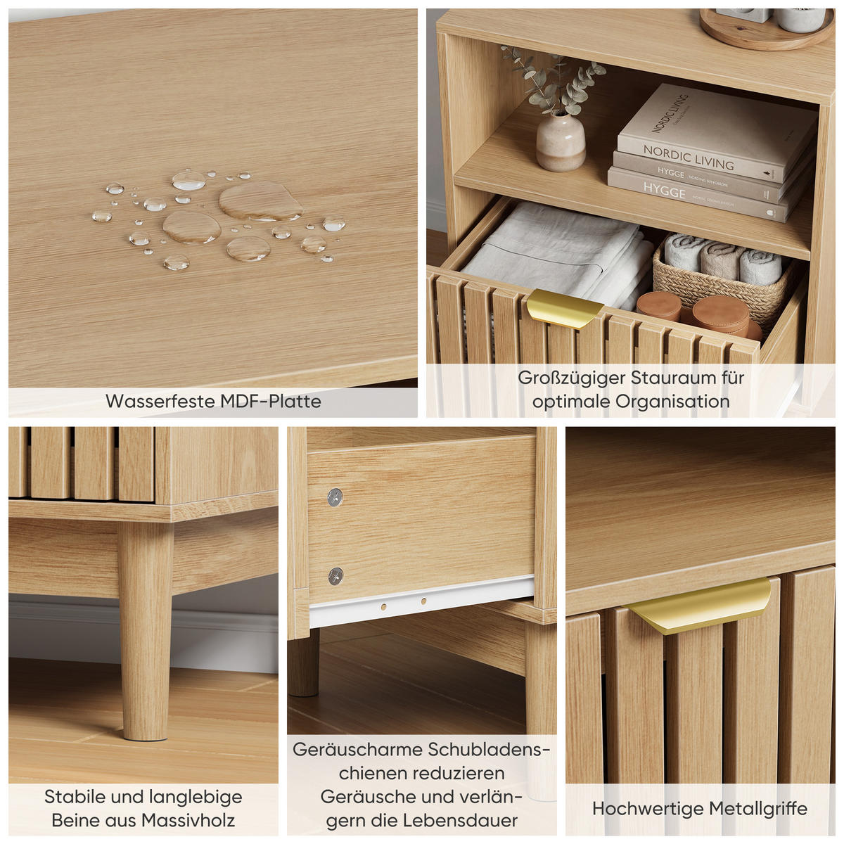 NACHTTISCH eichen-optik & latten-design mit 1 schublade & offenem fach - Eichefarben, Holzwerkstoff (45/56/39cm) - Urban Meuble