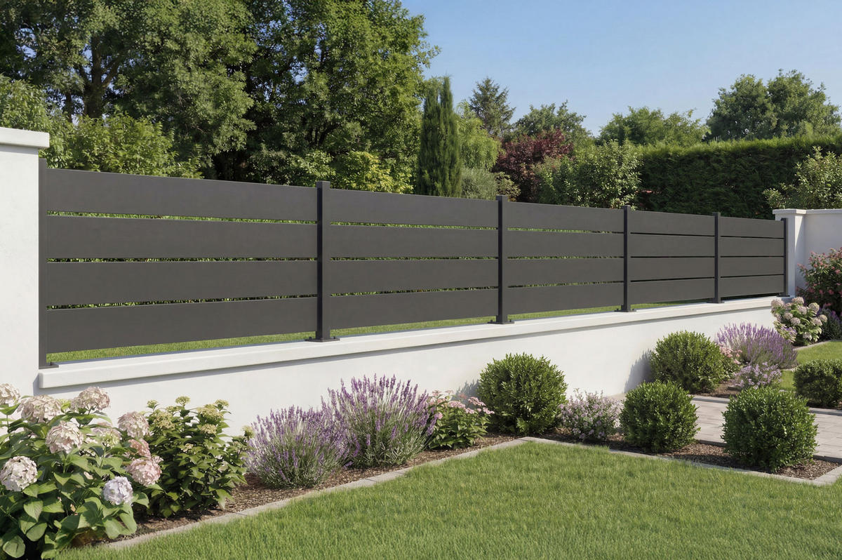HALBOFFENER Zaun Velino 10m x H.80cm schwarzer Stahl - Schwarz, Metall (1000/84cm) - Casanoov