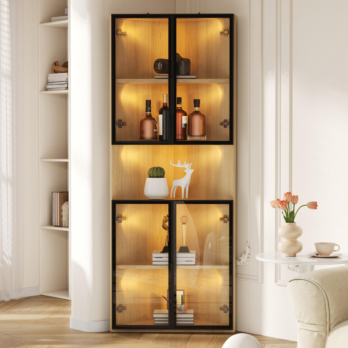 HIGHBOARD 62/32/160 cm in Eichefarben mit LED-Beleuchtung und Sicherheitsglas - Eichefarben, Holzwerkstoff (62/160/32cm) - Flora Grace