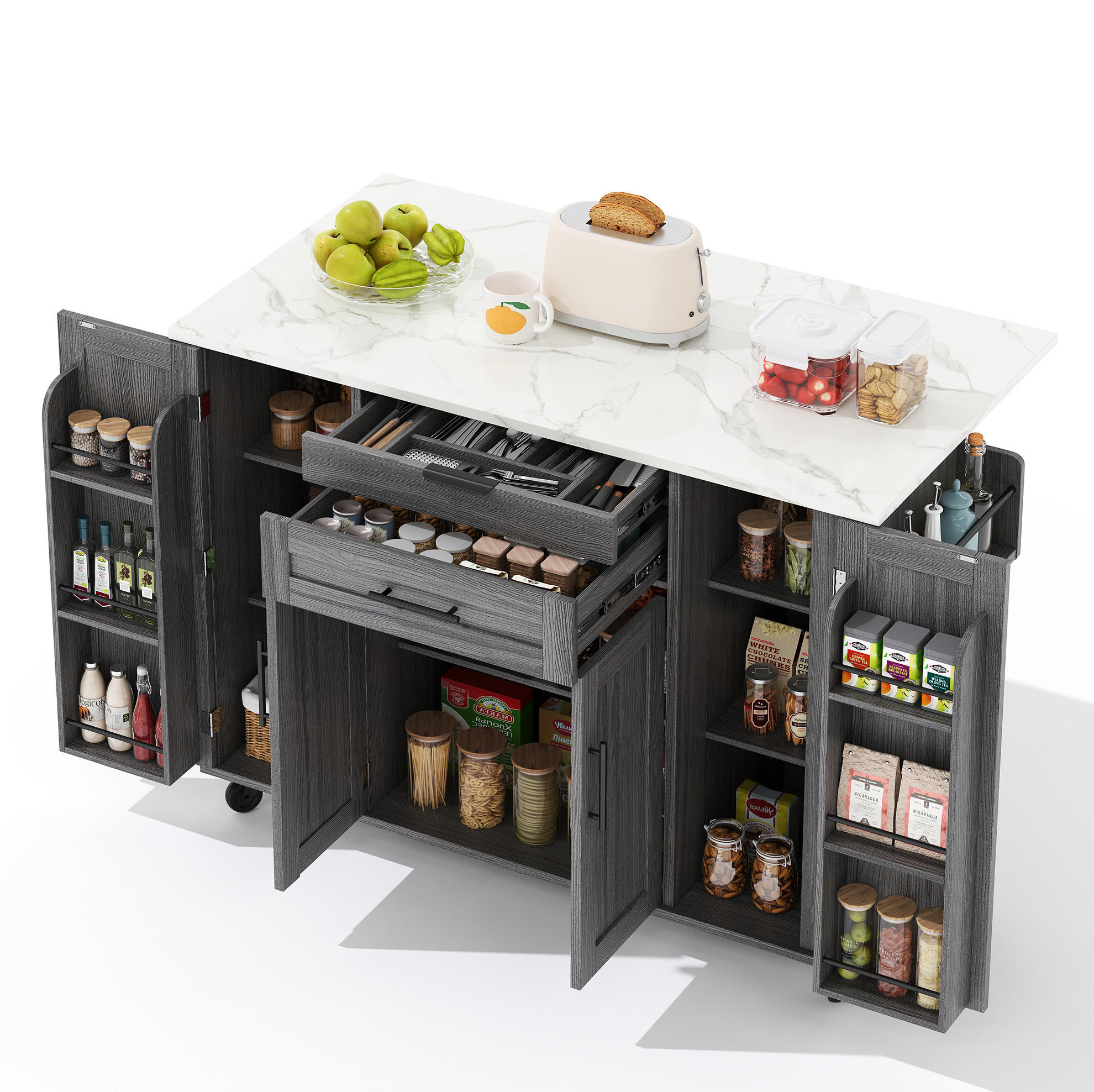 Modfu KUCHYŇSKÝ ostrůvek z MDF 136x70x92 cm šedý s výsuvnou deskou, skrytou zásuvkou a nastavitelnými policemi
