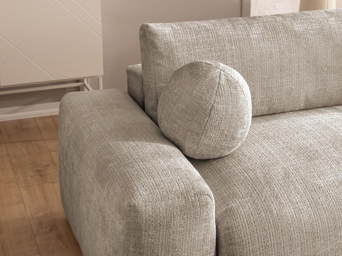 ECKSOFA Puffy mit Schlaffunktion und Bettkasten - besonders weich und puffig aus Dunkelbeige Chenille-Stoff - Ottomane rechts - Beige/Schwarz, Holz/Kunststoff (266/138cm) - S-Style Möbel