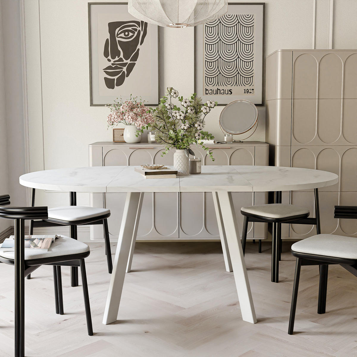 TISCH Weiße Beine, MDF Tischplatte, Marmor Bianco - Weiß, Holzwerkstoff (100/100/76cm) - Idohome