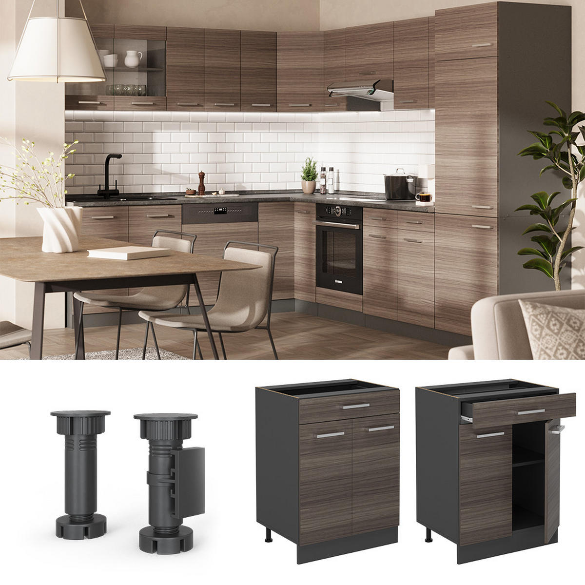 KÜCHENUNTERSCHRANK R-Line Edelgrau 60 cm mit Schublade, ohne Arbeitsplatte - Anthrazit/Braun, Holzwerkstoff (60/81.6/46cm) - Vicco