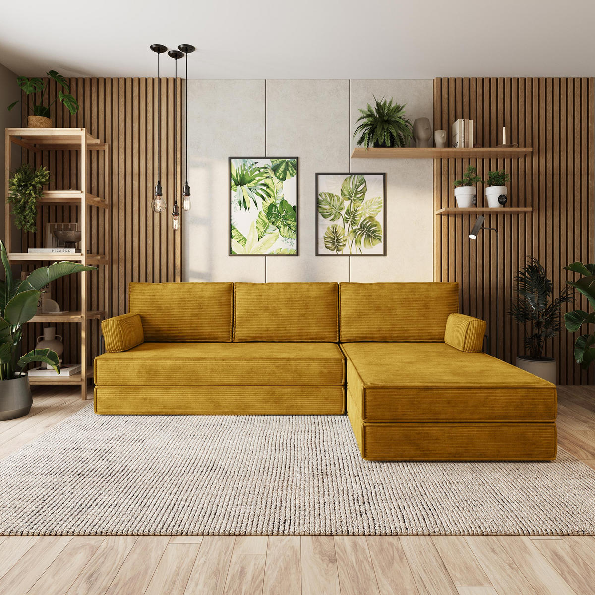 ECKSOFA ANKO modulares Boneless Sofa mit Schlaffunktion Gelb Kordstoff - Gelb, Textil (270/160cm) - MASSENO