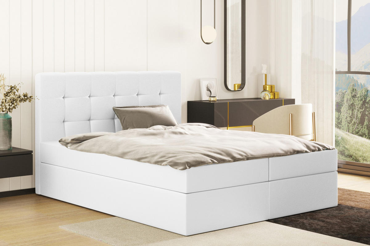 BOXBETT Mit Matratze Und Bettkasten, LUDANO Stoff Cayenne Weiß 180x200 cm H2-Pocket - Weiß, Holz (180/200cm) - Kaiser Möbel
