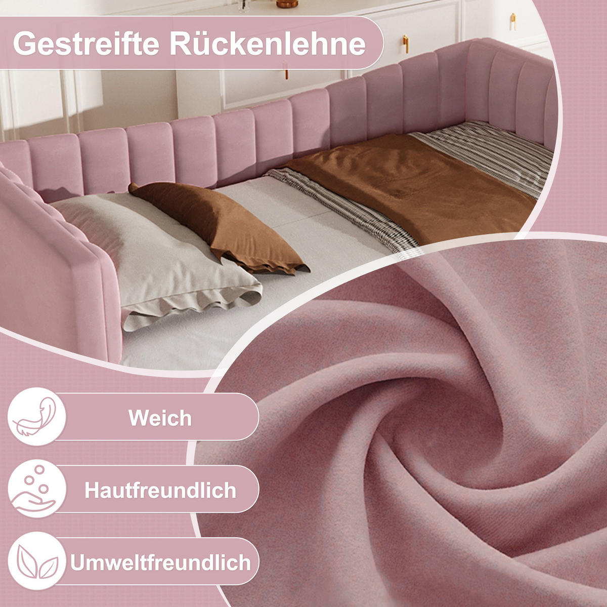 SAMT-POLSTERBETT 90/200 cm mit Ziehbett in Rosa - Rosa, Textil (180/200cm) - BEAOK