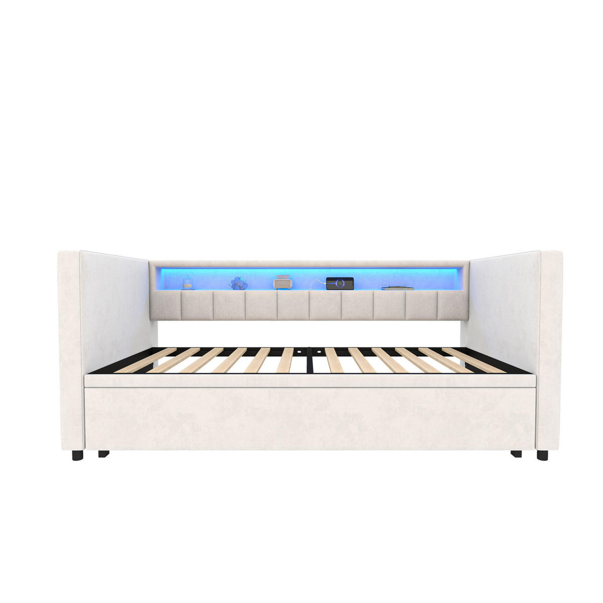 SCHLAFSOFA 90/190 cm mit Ausziehbett, LED-Beleuchtung, USB-Type-C und Samtbezug, Beige - Beige, Textil (201/73/100cm) - Redom