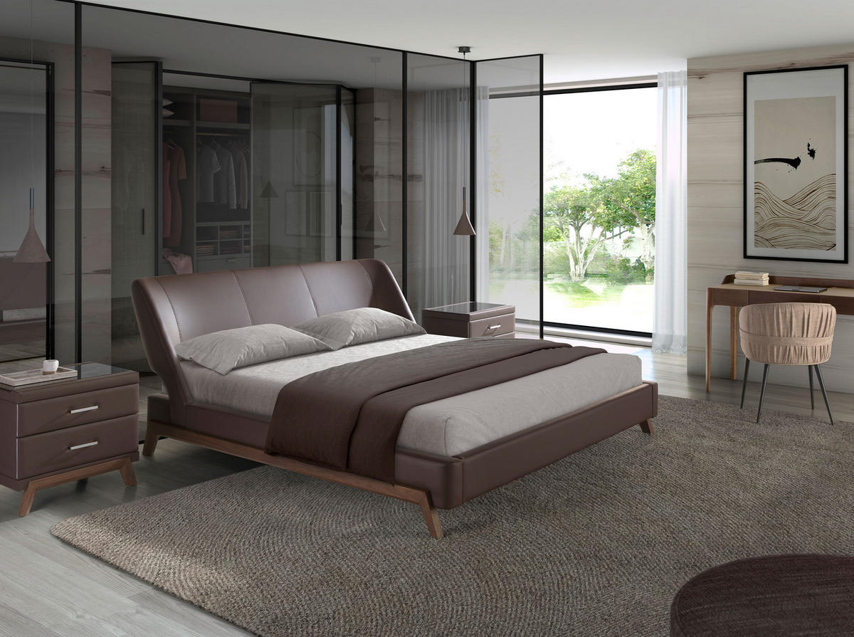 BETT Braun Walnuss 205/237/95 cm - Walnussfarben/Braun, Leder (180/200cm) - ANGEL CERDA