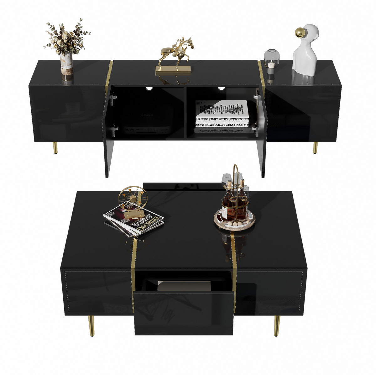 TV-SCHRANK- und Couchtisch-Set 170/35/46 cm & 100/60/41,5 cm mit Stauraum und Soft-Close-Scharnieren, Schwarz - Schwarz, Holzwerkstoff (170/46/35cm) - Redom