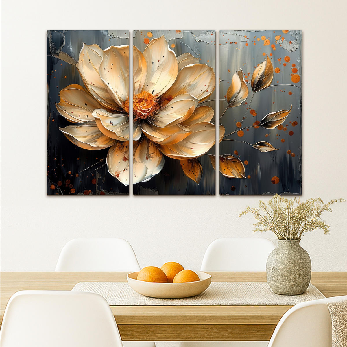 LEINWANDBILD 3er Set Blume - Gold - Abstrakt - Farbe 90x60 cm - Creme, Textil (90/60cm) - MuchoWow