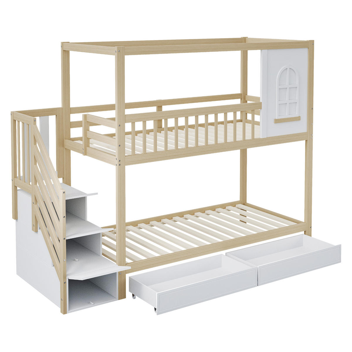 ETAGENBETT 90/200 cm Massivholz mit Leitereinheit und Stauraum - Naturfarben, Holz (90/200cm) - OKWISH