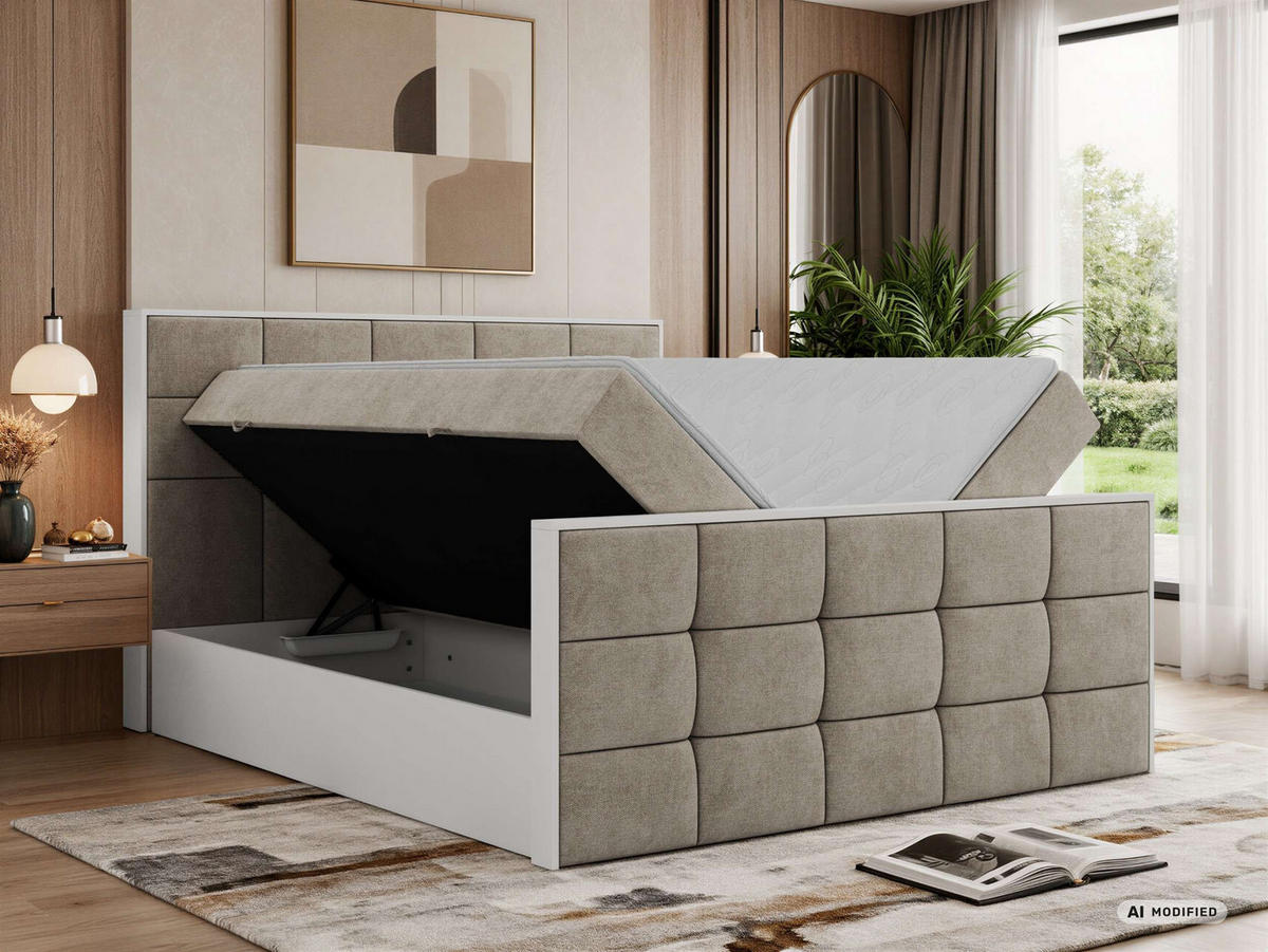 BOXBETT ALVIT DUO 160/200 - Greige Stukture - Topper Visco - H4 - Greige/Schwarz, Kunststoff/Textil (160/200cm) - MKS