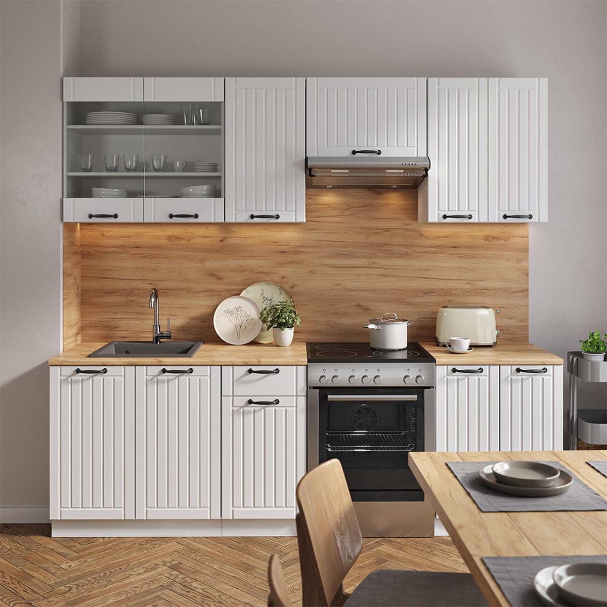 KÜCHENZEILE Fame-Line Weiß Landhaus/Weiß 240 cm, AP Anthrazit - Creme/Weiß, Holzwerkstoff (240/81.6/60cm) - Vicco