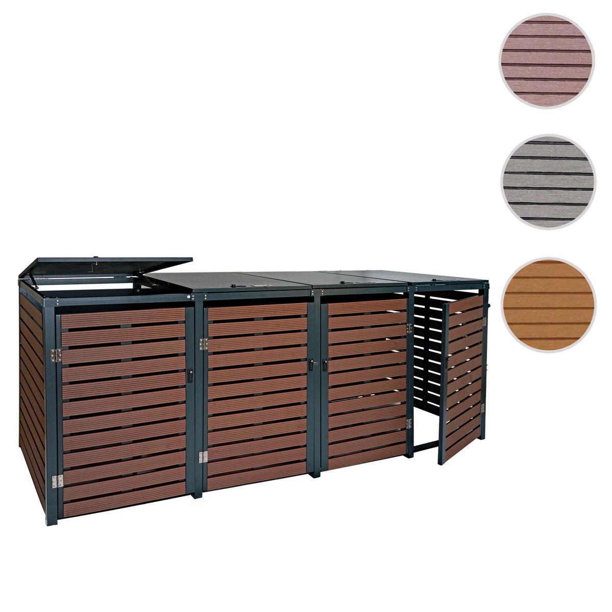 MÜLLTONNENBOX 4er HxBxT 119x264x84cm Walnuss-Holzoptik WPC Metall 130kg - Braun, Metall (264/119/84cm) - PROREGAL