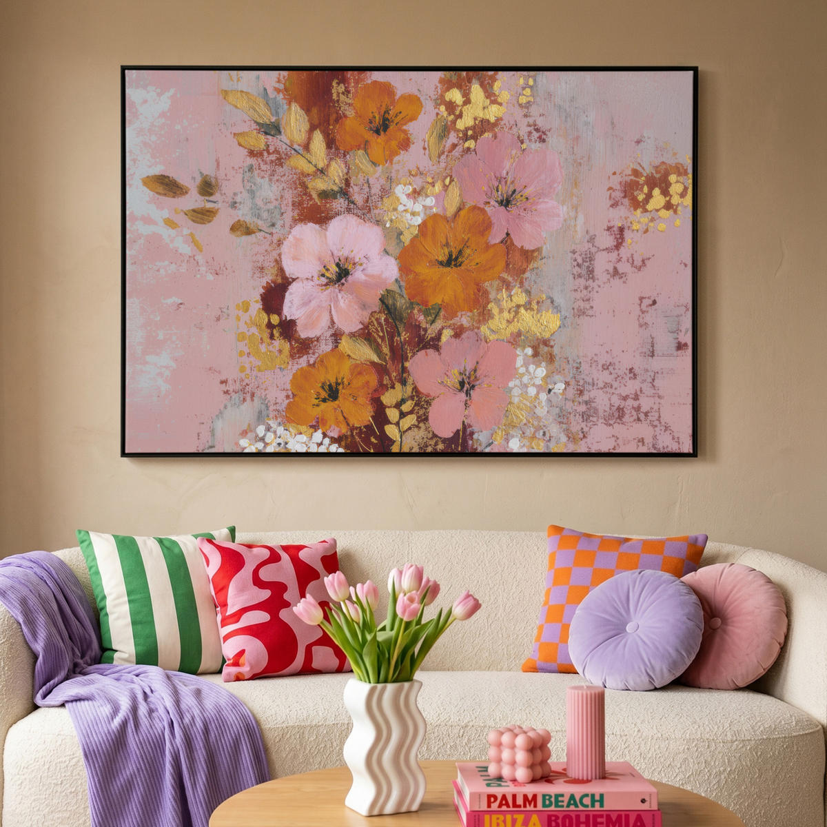 LEINWAND Bilder mit Rahmen - Malerei - Blumen - Rustikal - Rosa - 120x80 - Altrosa, Textil (120/80cm) - MuchoWow