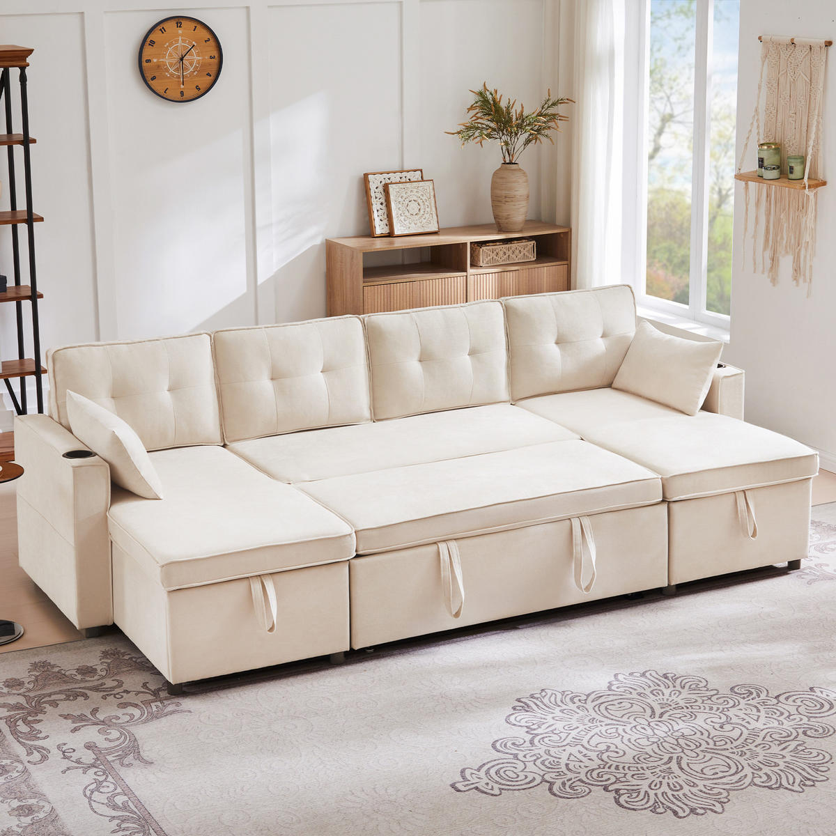 ECKSOFA U-Form Bettfunktion Baumwoll-Leinen Getränkehalter Stauraum Beige - Beige, Holz (123.01/19.71/65.51cm) - FLIEKS