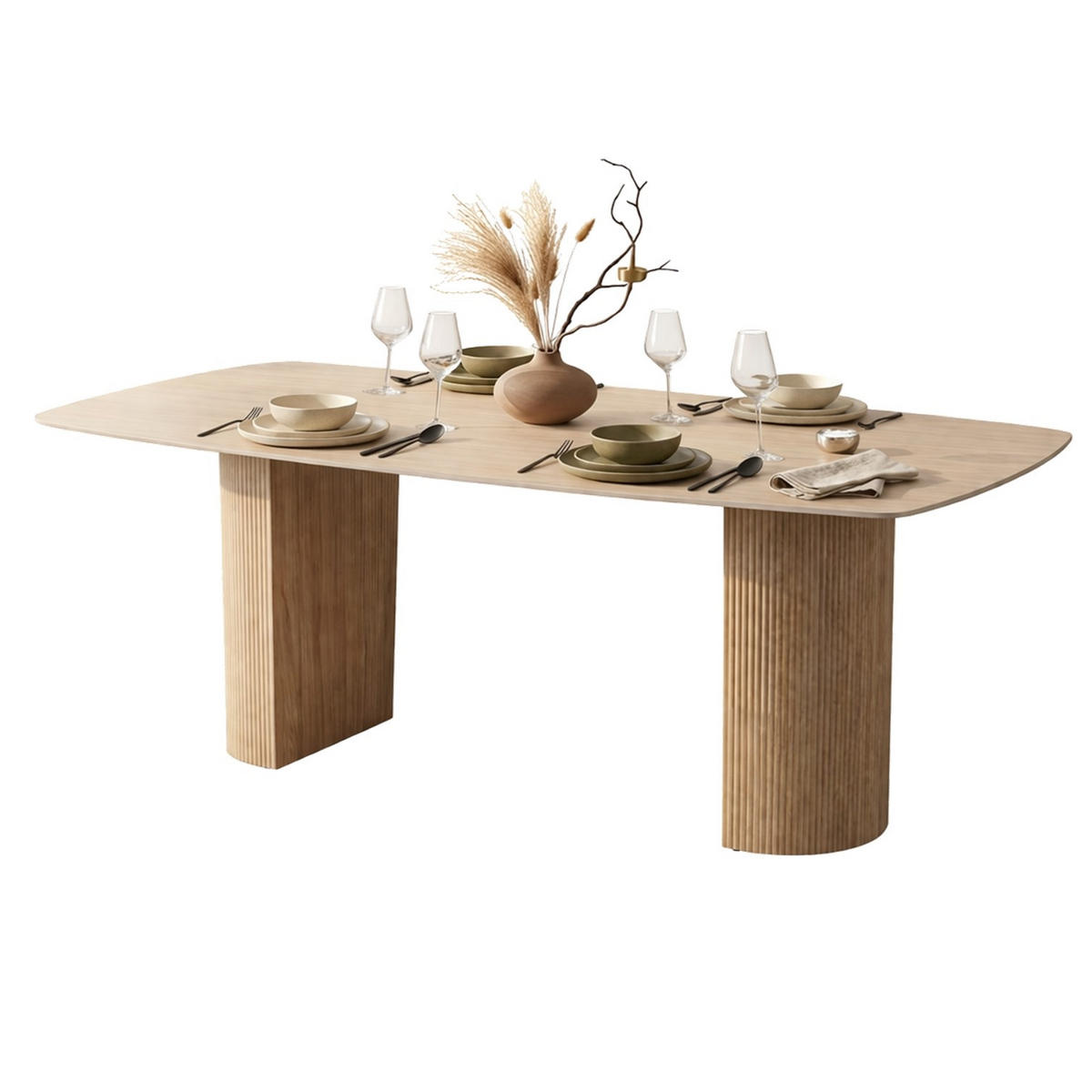 ESSTISCH Keramik Travertin-Optik geriffeltes Säulengestell Sand 180 × 90 cm - Sandfarben, Keramik/Metall (90/180/75cm) - HOOZ