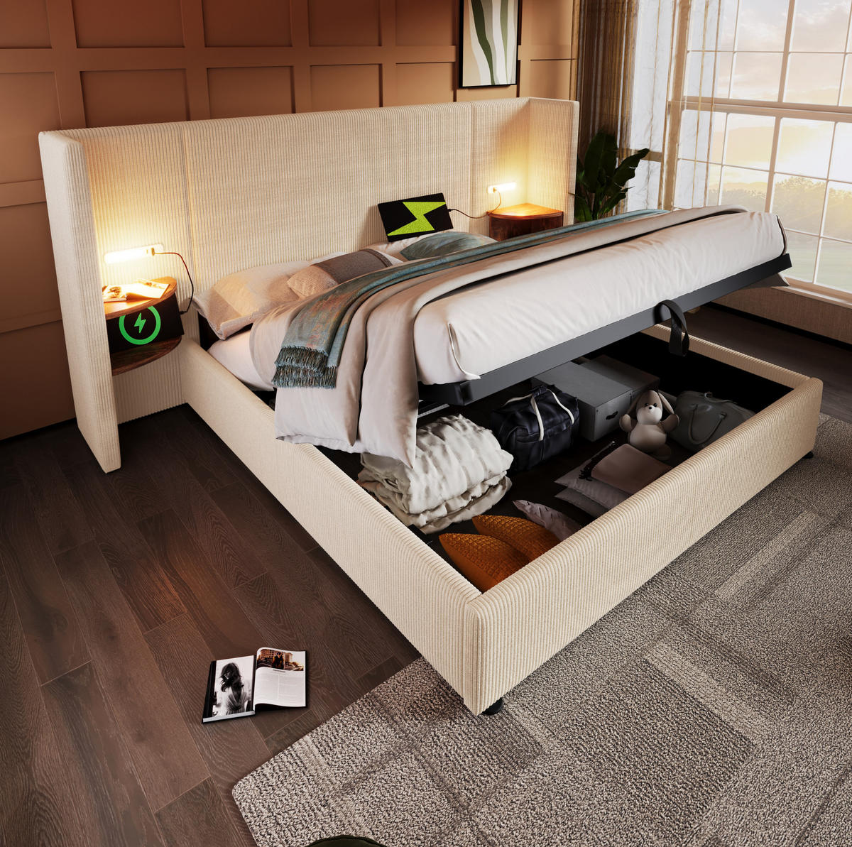 POLSTERBETT 160/200 cm Beige-Weiß aus Cordstoff mit Stauraum - Beige, Textil (160/200cm) - OKMYHOME
