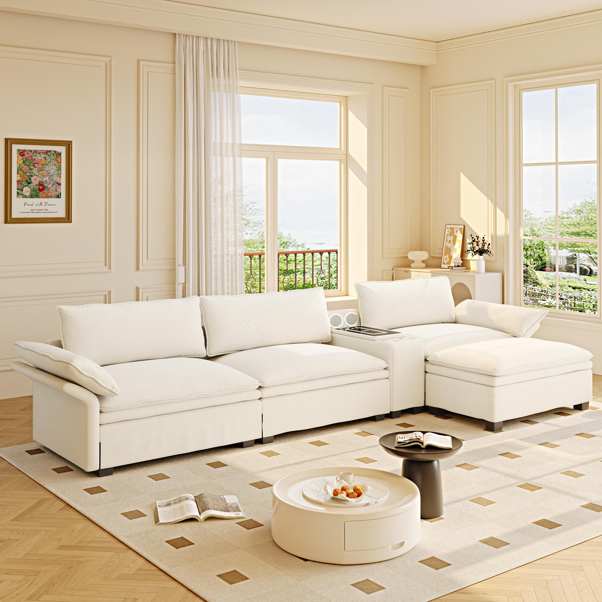 ECKSOFA 315/70/85 cm Beige mit Fußhocker, kabelloses Laden, Lautsprecher, Licht und 2 Getränkehalter - Beige, Textil (315/70cm) - Oxeza