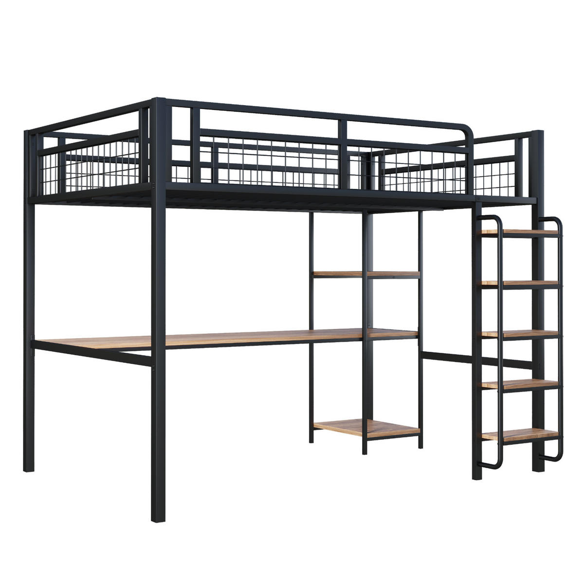 HOCHBETT 140/200 cm aus Metall und MDF mit Schreibtisch, Regal und Sicherheitsleiter Schwarz - Schwarz, Metall (140/200cm) - Modenvie